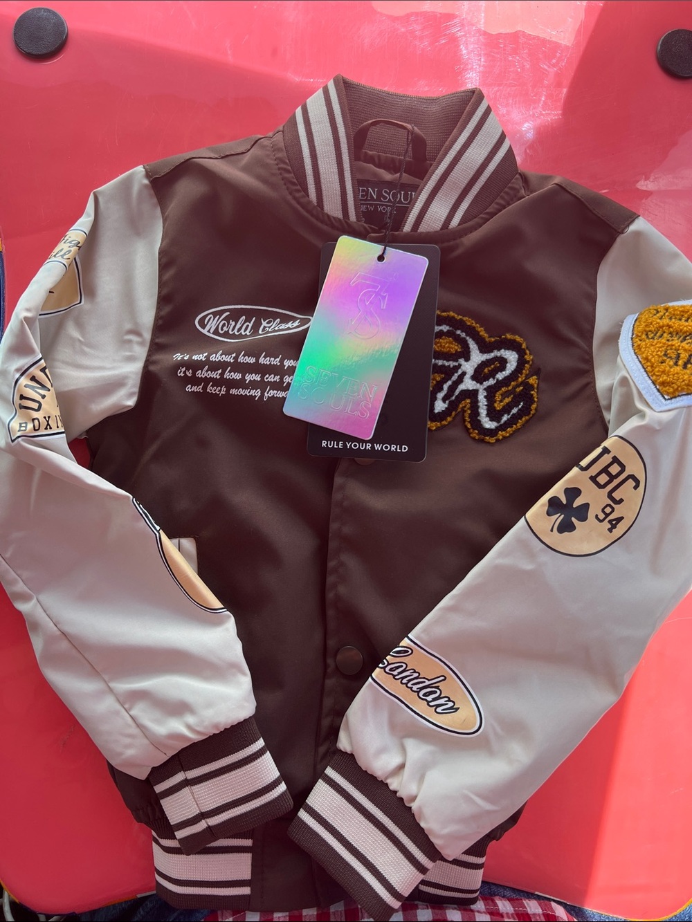 Kids Brown and Cream Varsity Jacket with Patch Details